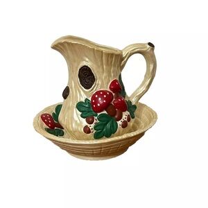 Vtg Pitcher With Bowl Ceramic Mushroom Log Stump Acorn Oak Leaves witchy cottage